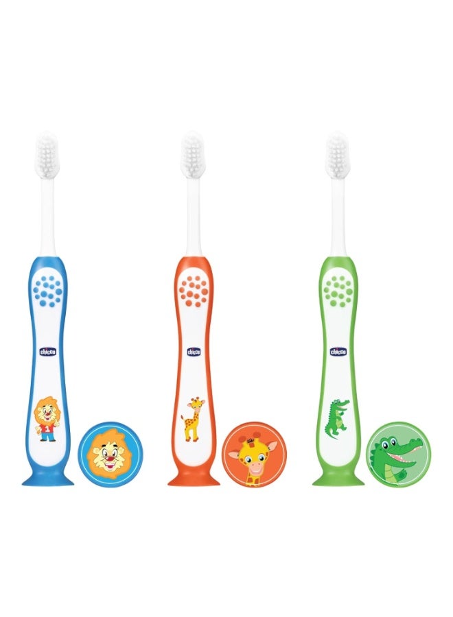 Chicco Toothbrush 3Y-8Y 3 Pack- Blue, Orange & Green - Image 1